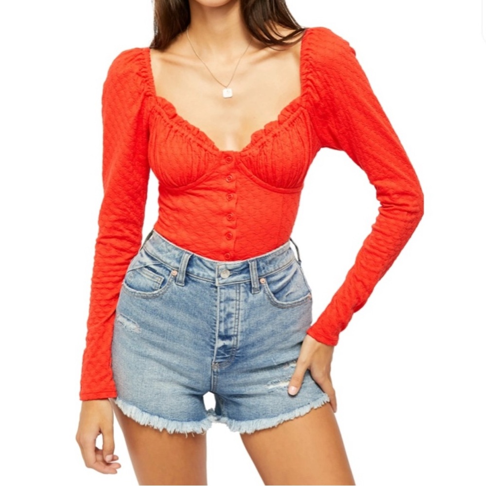 Free People Vibrant Red Lady Bug Long Sleeve Peplum Crop Top
